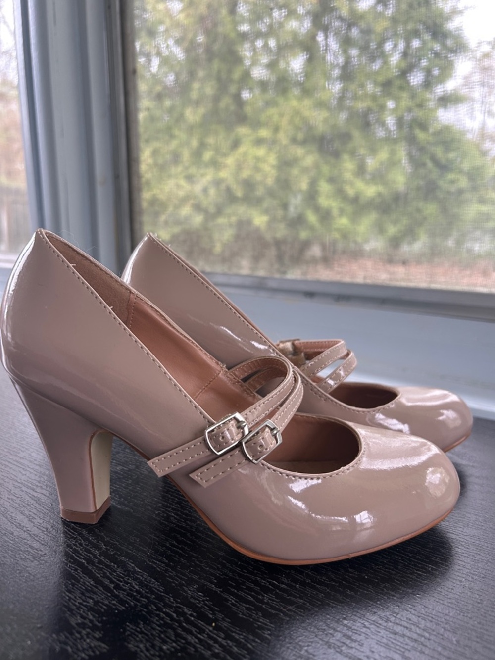 Patent Nude Mary Jane Heels with Double Buckle Straps